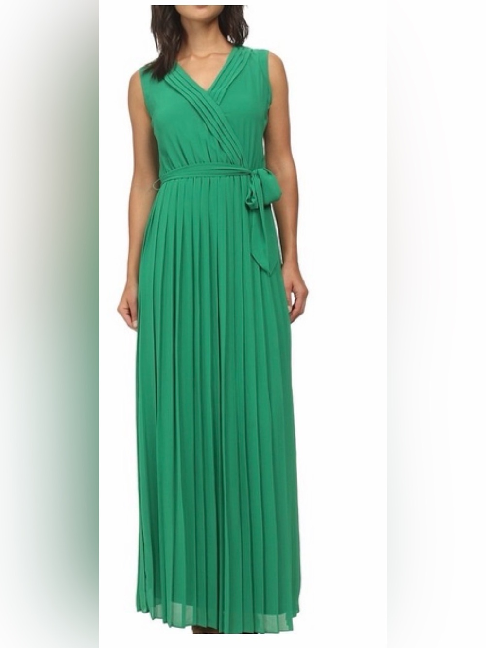 Jessica Simpson Sleeveless Green Pleated Maxi Dress with Waist Tie